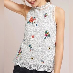 Anthropologie Macie  White Lace Floral Embroidered Beaded Top